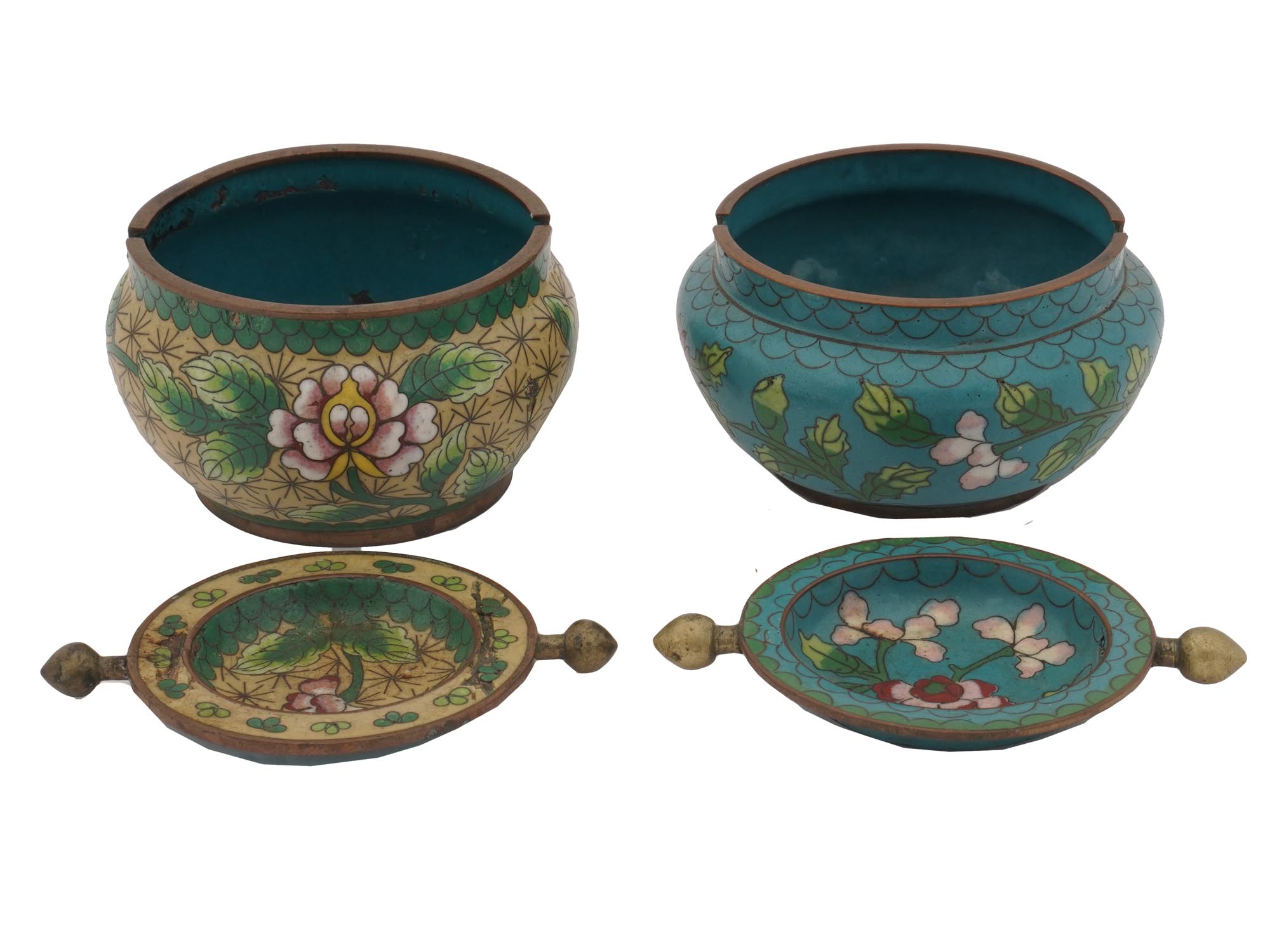 TWO CHINESE PAINTED COPPER ASHTRAYS WITH FLOWERS PIC-2